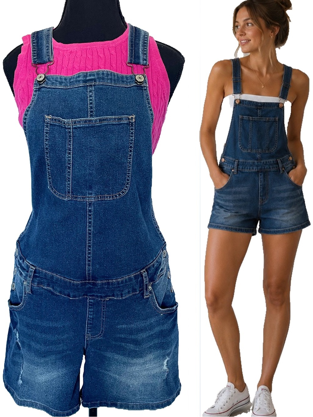 Denim Shortalls - Classic Blue Jeans Shorts Jorts Overall Bib Pocket Medium EUC